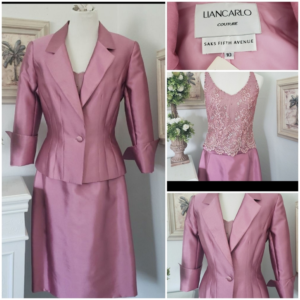 Liancarlo Couture Vintage 3p Skirt Blazer Sequin Top Mauve French Cuff N…
